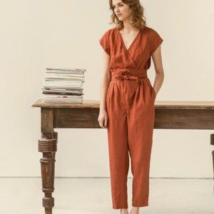 notPERFECTLINEN Margaret Wrap Jumpsuit in Moroccan Red 100% Linen